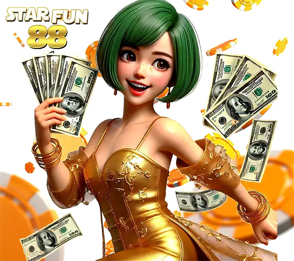 STARFUN88 สล็อตธีมสาวการ์ตูนชุดทองถือเงินดอลลาร์ กราฟิกสดใสลุ้นโบนัสแตกง่ายทุกสปิน