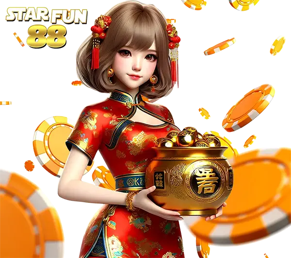 STARFUN88 สล็อตธีมสาวจีนถือหม้อทอง กราฟิกโทนส้มสดใสลุ้นโบนัสแตกง่ายทุกการหมุน