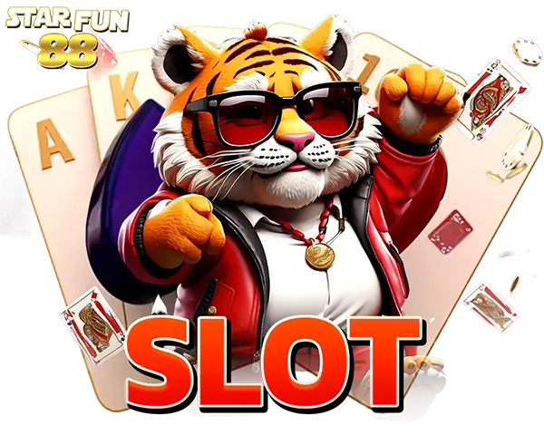 STARFUN88 หมวด SLOT เสือการ์ตูนใส่แว่นสุดเท่ พร้อมไพ่ลอยรอบตัว กราฟิกสนุกลุ้นรางวัลใหญ่